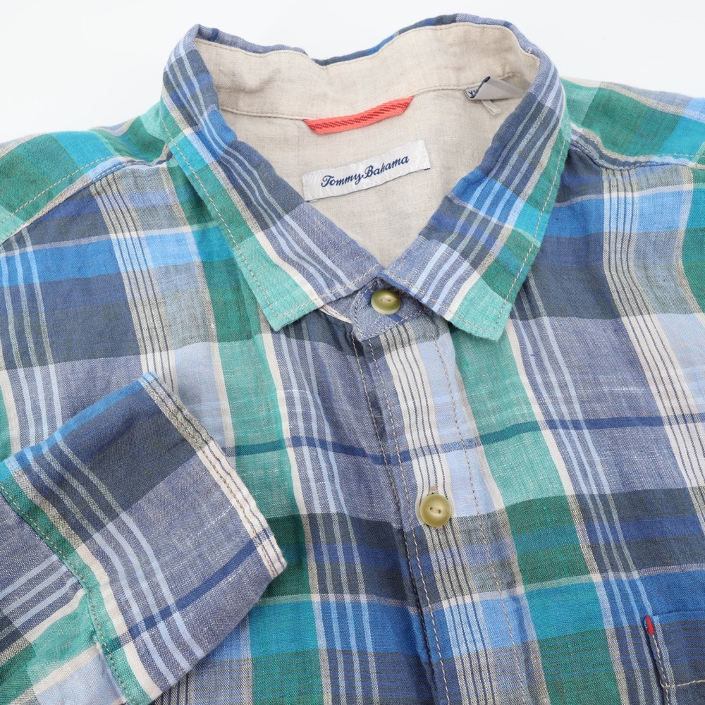 Tommy Bahama 100% Linen Shirt Blue Green Plaid Button Up Long Sleeve Mens XXL